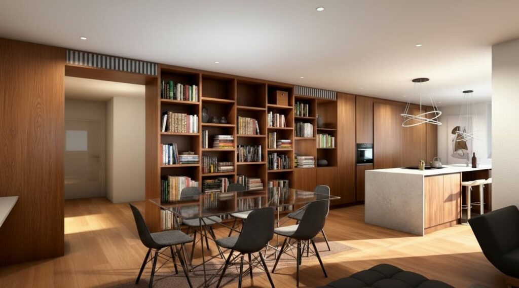 Salón a medida en Madrid con librería integrada de madera natural — Doca Madrid