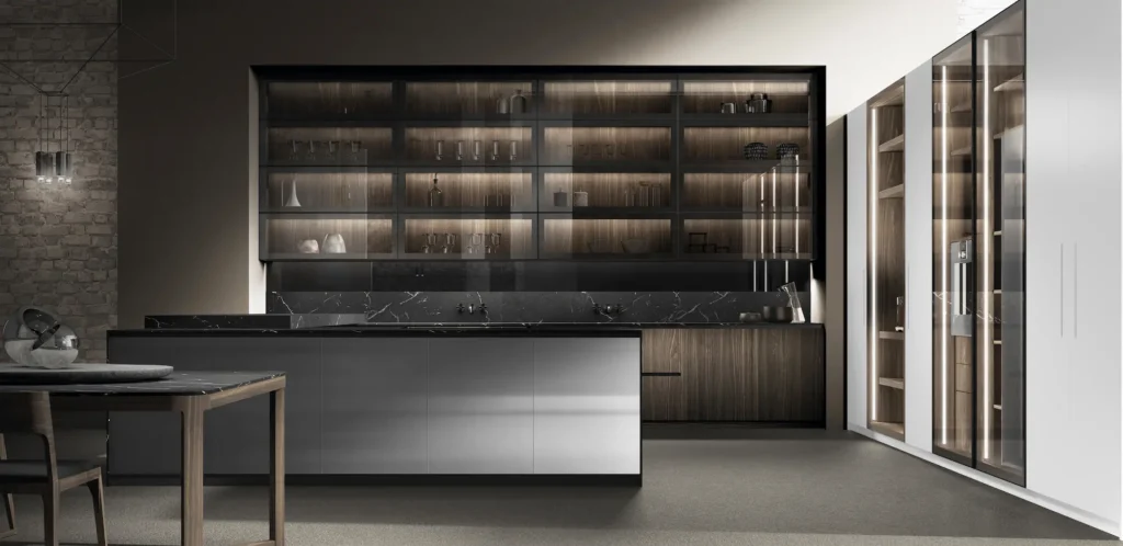 Cocina a medida en Madrid con frentes de madera natural y acero y encimera de mármol — Doca Madrid